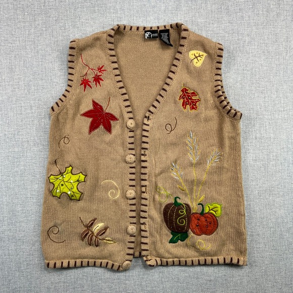 Vintage Fall Leaves Open Front Cardigan Sweater Vest Womens Small Knit Cottage - Picture 1 of 10
